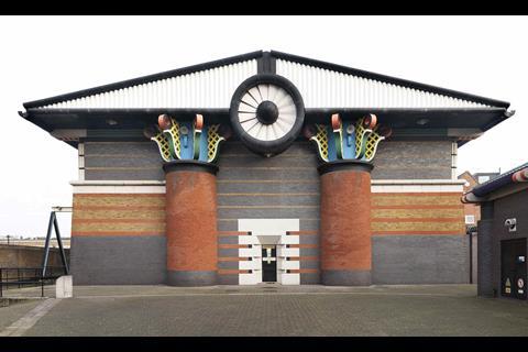 John Outram's post-modern Isle of Dogs Storm Water Pumping Station, built between 1986 and 1988 for Thames Water. It has just been listed at grade II*